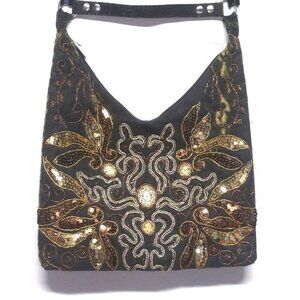 Hobo Fabric Shoulder Bag Purse Hand-Craft Embellished gold brown beads sequins